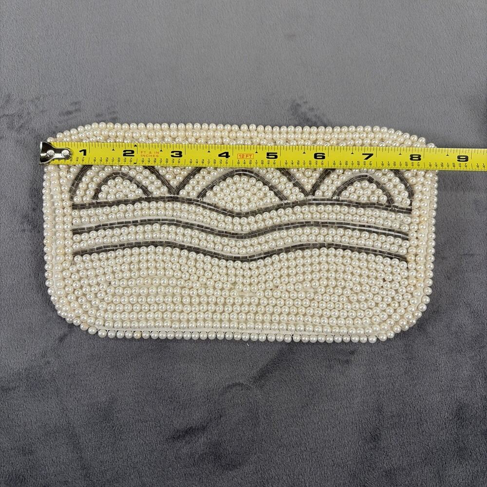 1960's Ivory & Grey Beaded Pearl Clutch Evening Hand Bag Purse Japan Vintage - Picture 3 of 13